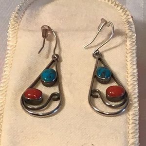 STERLING SILVER, TURQUOISE AND CORAL EARRINGS
